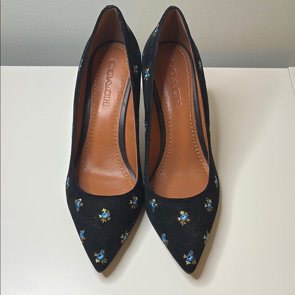 Coach Black Heels with Blue Floral Pattern